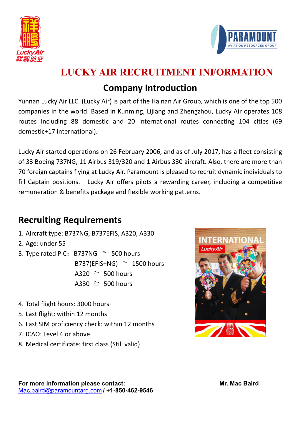 LUCKY AIR RECRUITMENT INFORMATION Company Introduction Yunnan Lucky Air LLC