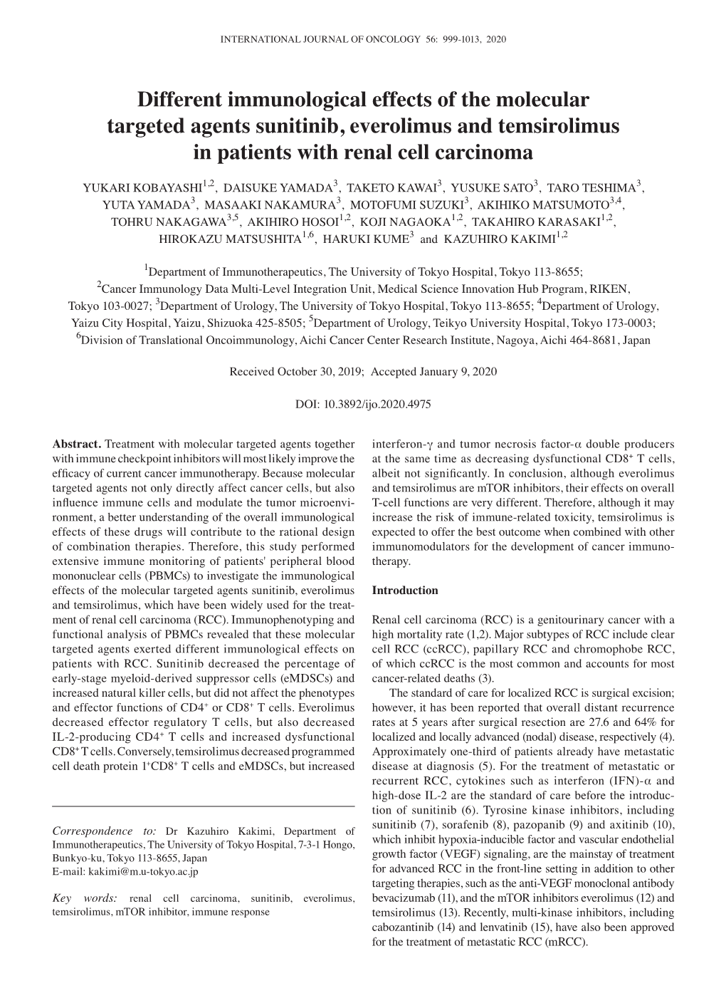 Different Immunological Effects of the Molecular Targeted Agents Sunitinib, Everolimus and Temsirolimus in Patients with Renal Cell Carcinoma