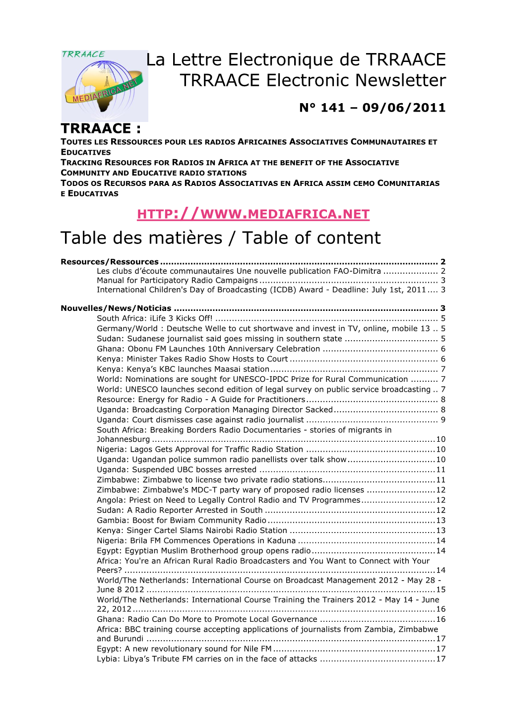 La Lettre Electronique De TRRAACE TRRAACE Electronic Newsletter Table Des Matières / Table of Content