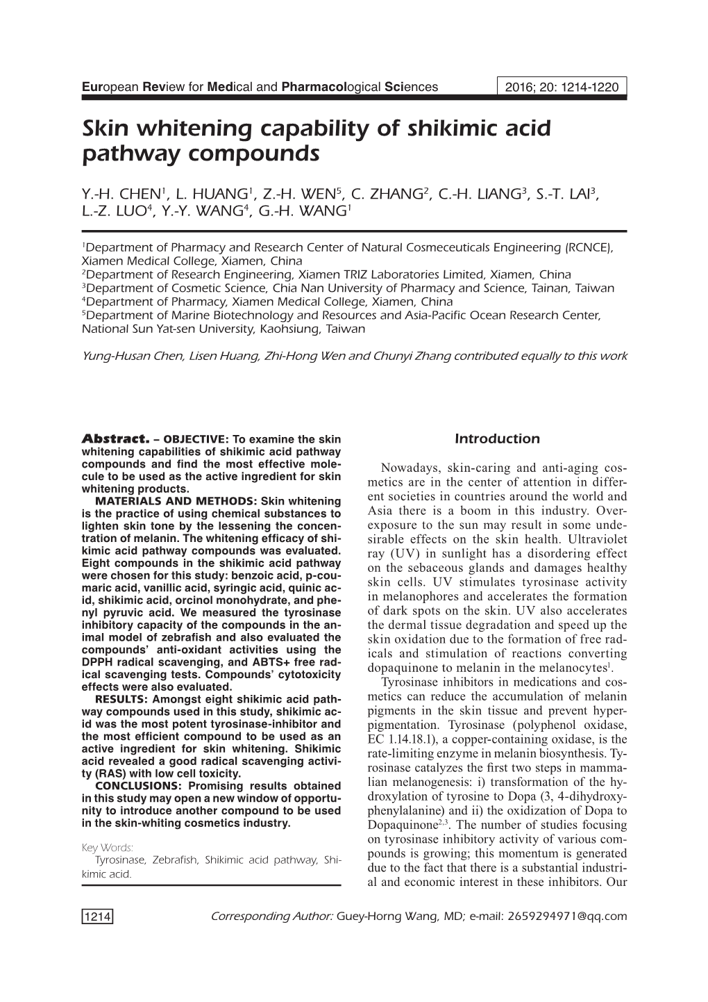 Skin Whitening Capability of Shikimic Acid Pathway Compounds