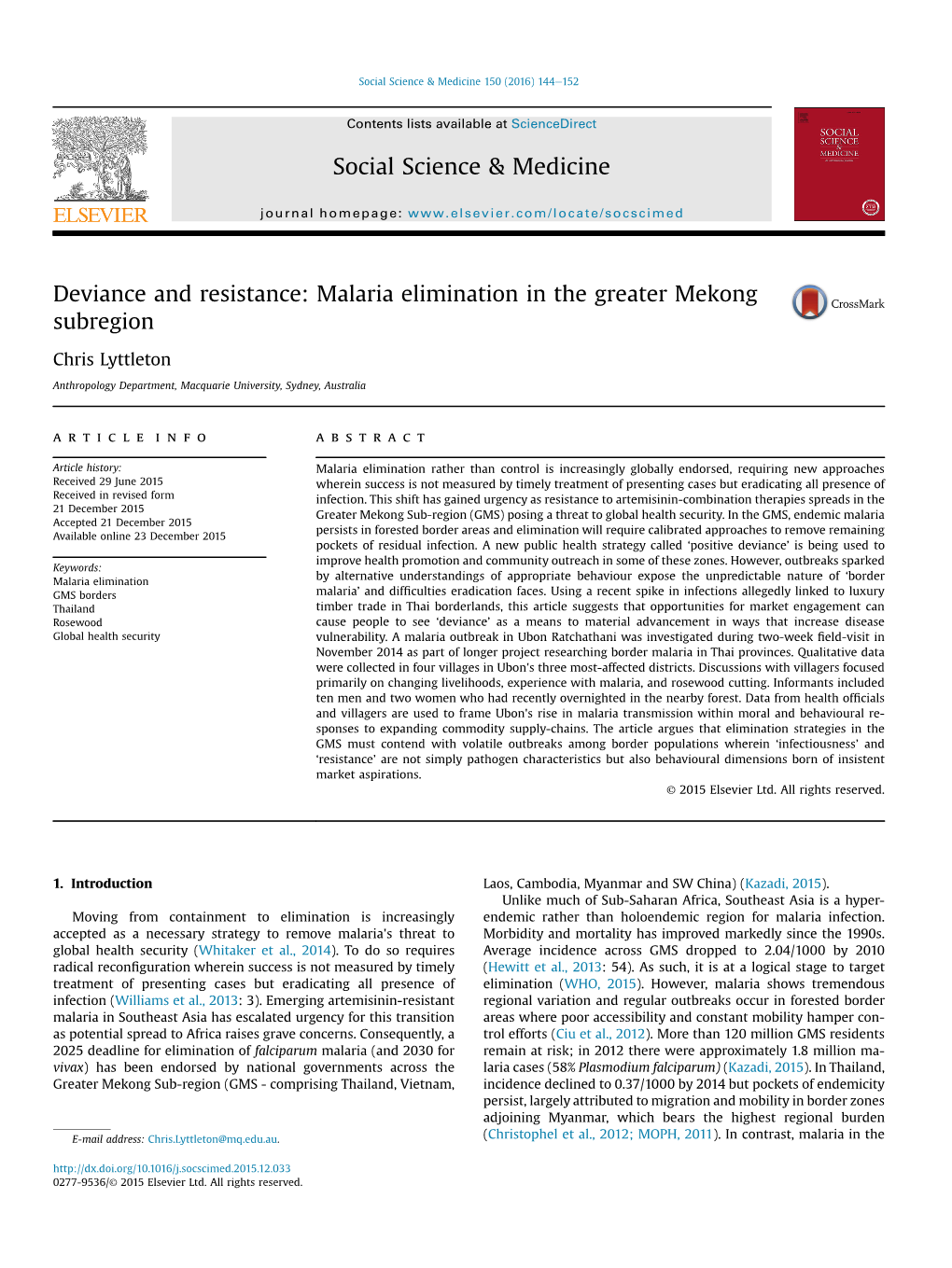 Deviance and Resistance: Malaria Elimination in the Greater Mekong Subregion