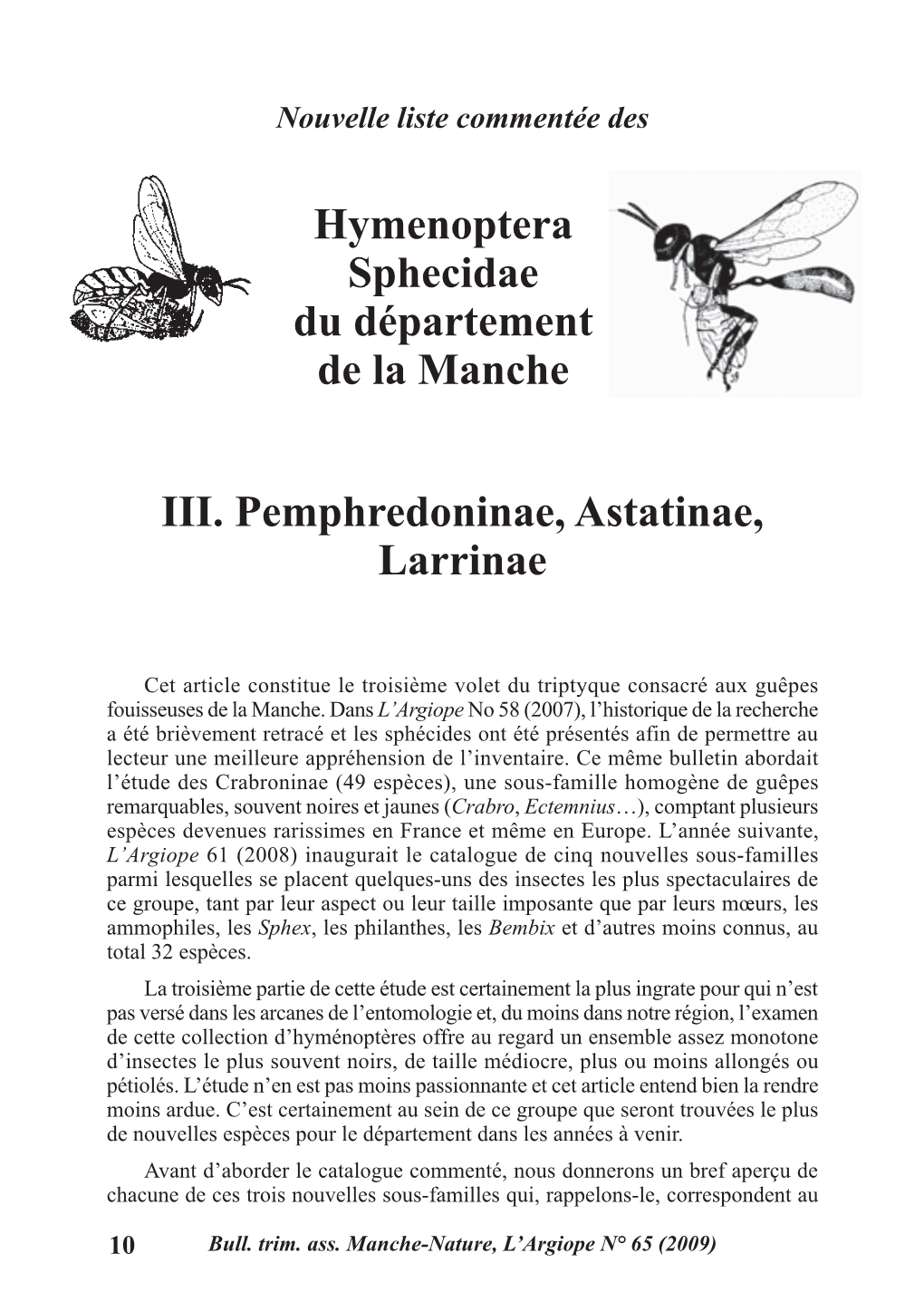 Hymenoptera Sphecidae Du Département De La Manche III