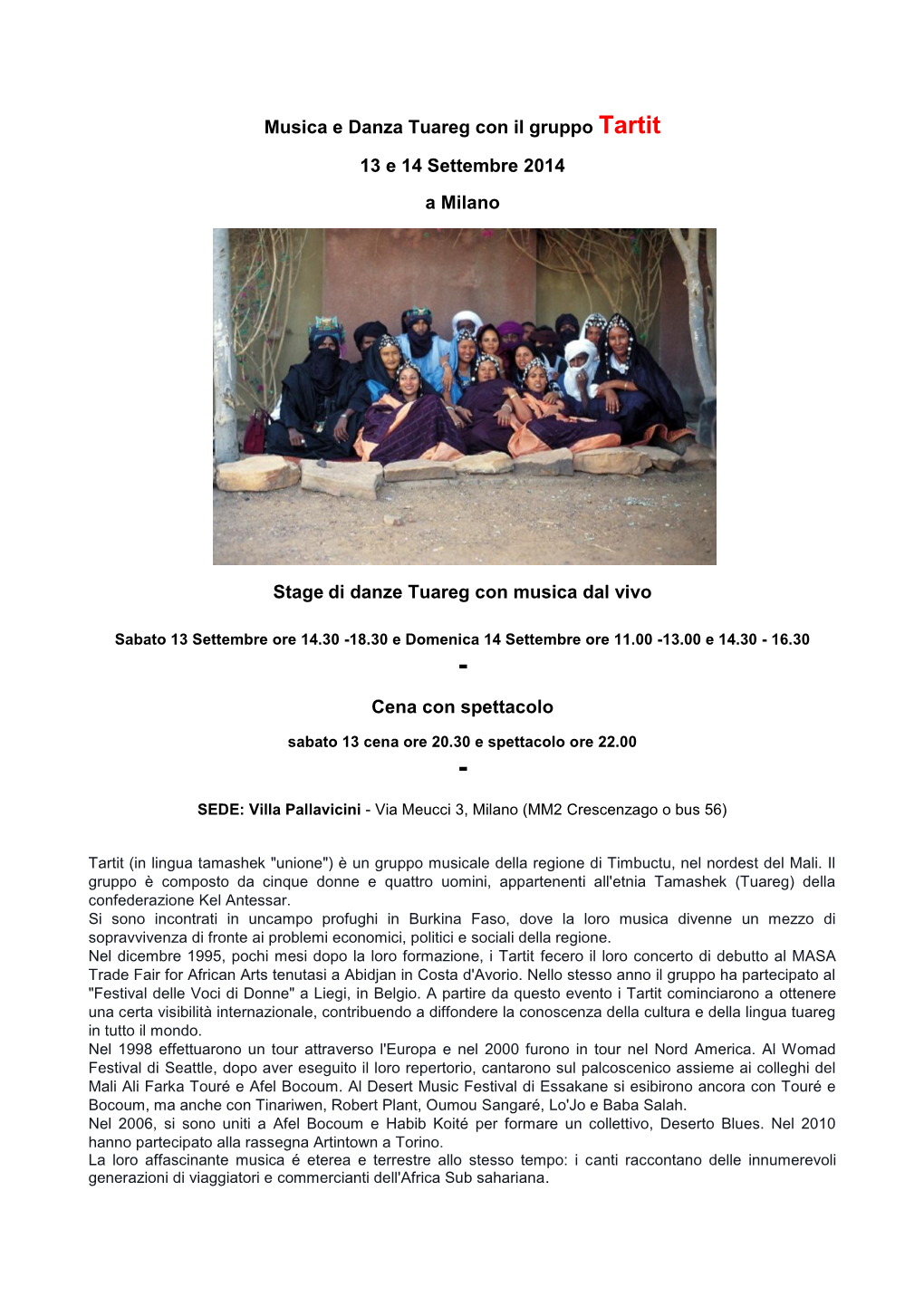 Musica E Danza Tuareg Con Il Gruppo Tartit 13 E 14 Settembre 2014 A