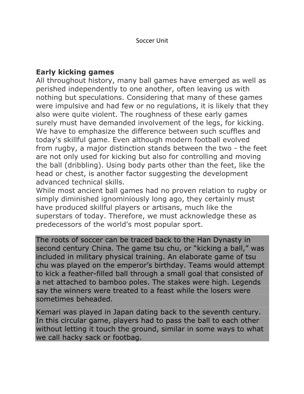 Soccer Unit Notes