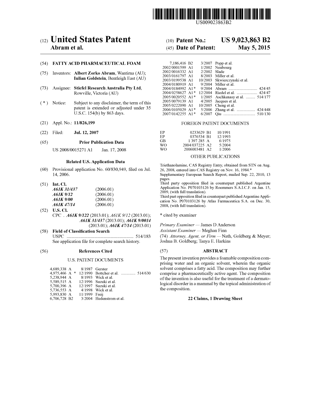 (12) United States Patent (10) Patent No.: US 9,023,863 B2 Abram Et Al