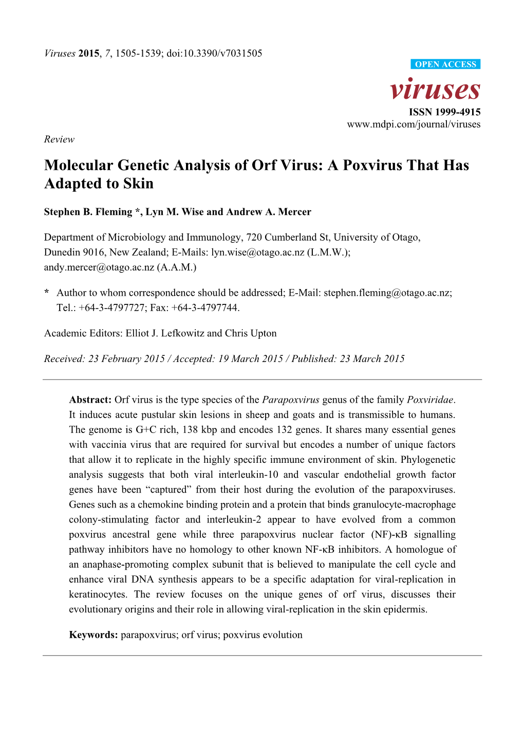 Molecular Genetic Analysis of Orf Virus: a Poxvirus That Has Adapted to Skin