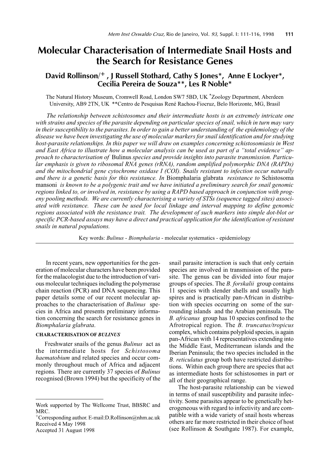 Molecular Characterisation of Intermediate Snail Hosts and the Search for Resistance Genes