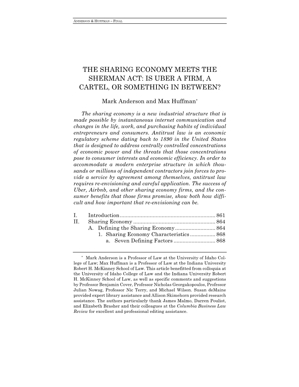 The Sharing Economy Meets the Sherman Act: Is Uber a Firm, a Cartel, Or Something in Between?