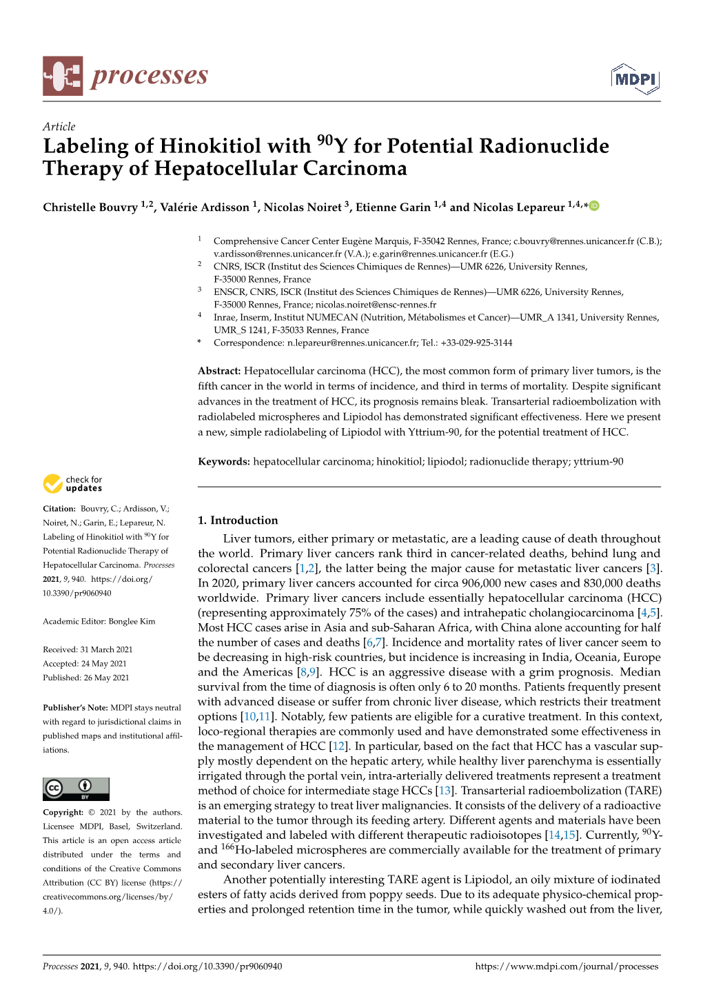 Labeling of Hinokitiol with 90Y for Potential Radionuclide Therapy of Hepatocellular Carcinoma