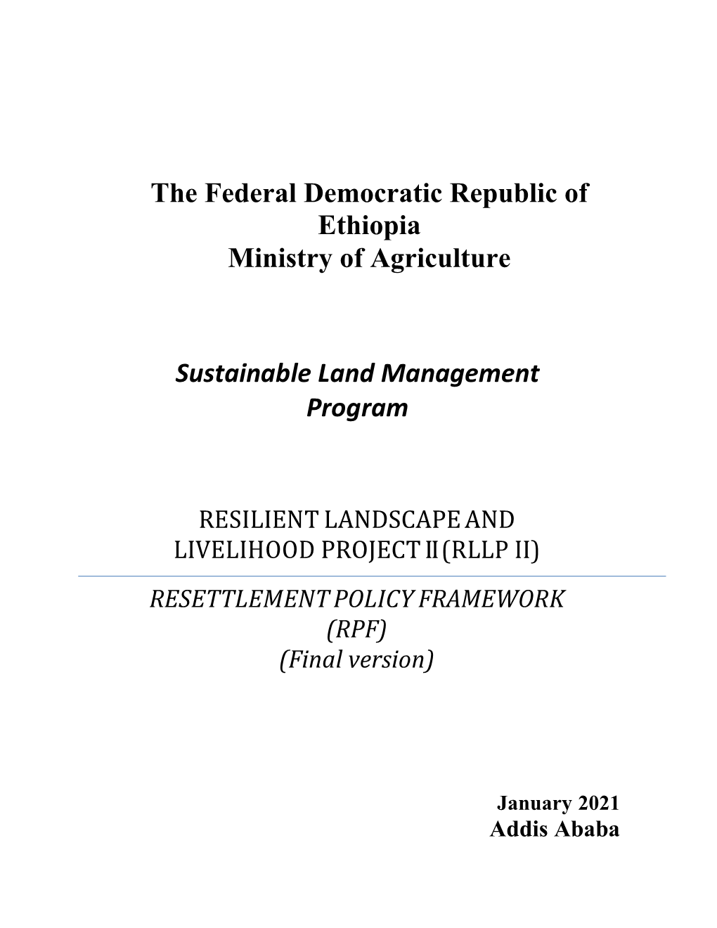 Resettlement Framework for the Second Ethiopia Resilient