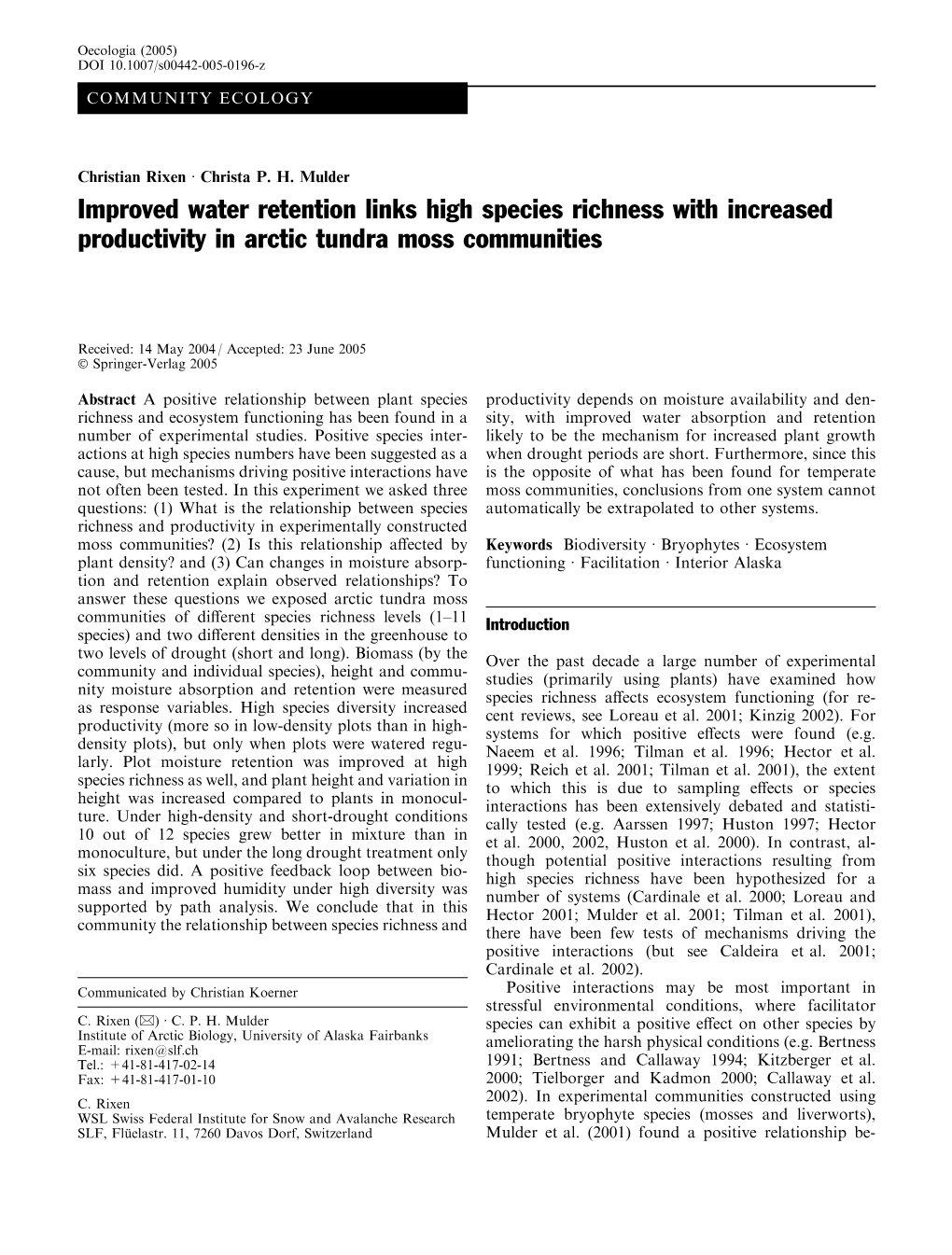 Improved Water Retention Links High Species Richness with Increased Productivity in Arctic Tundra Moss Communities
