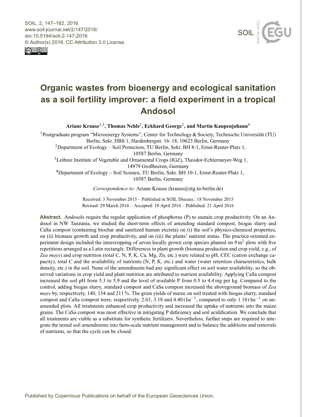 Organic Wastes from Bioenergy and Ecological Sanitation As a Soil Fertility Improver: a ﬁeld Experiment in a Tropical Andosol