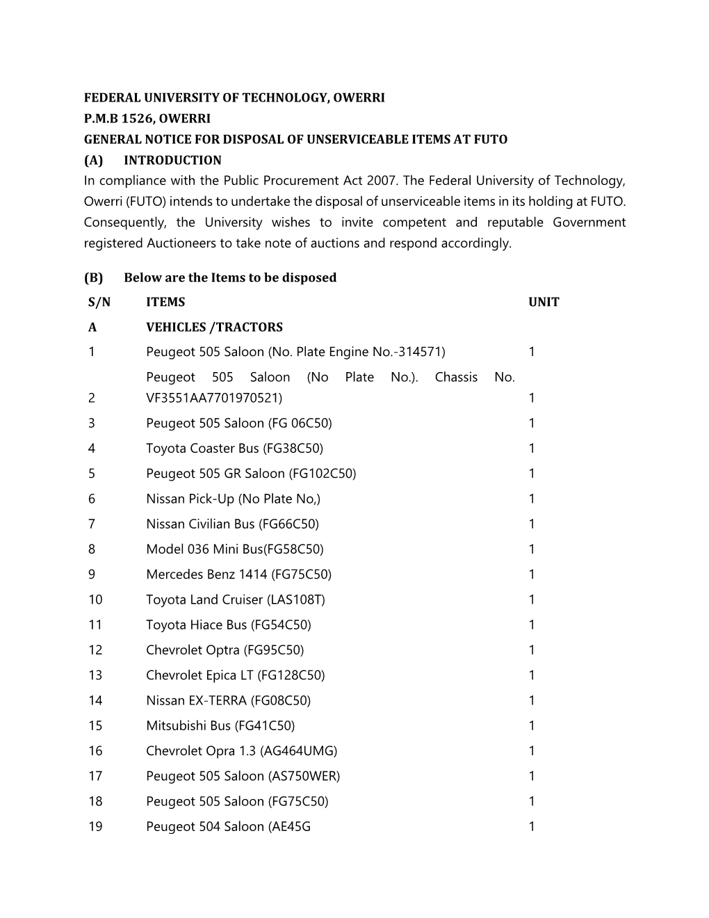 Federal University of Technology, Owerri P.M.B 1526, Owerri General Notice for Disposal of Unserviceable Items at Futo (A) I