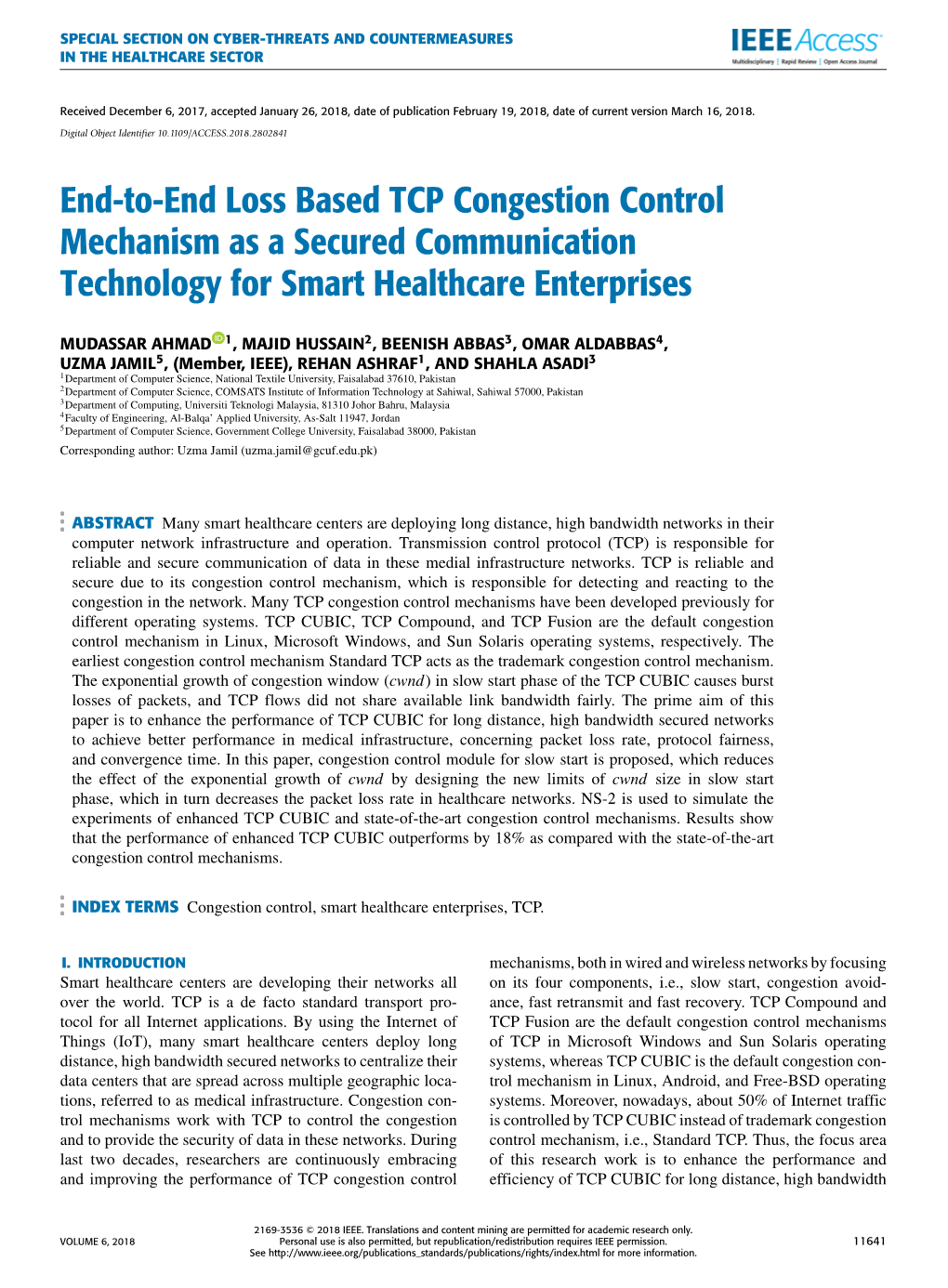 End-To-End Loss Based TCP Congestion Control Mechanism As a Secured Communication Technology for Smart Healthcare Enterprises