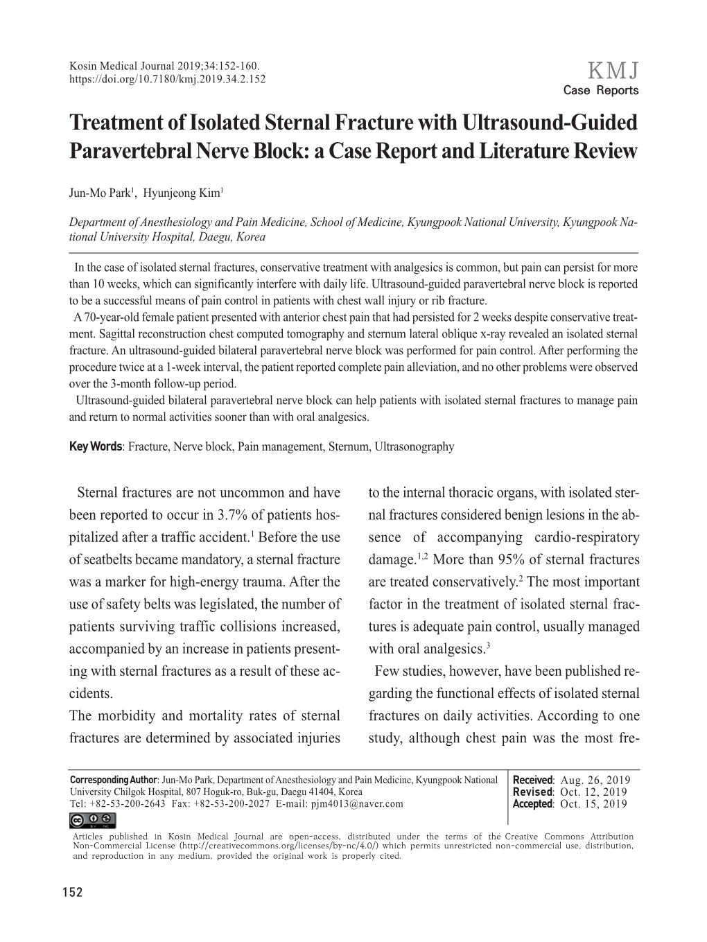 Treatment of Isolated Sternal Fracture with Ultrasound-Guided Paravertebral Nerve Block: a Case Report and Literature Review