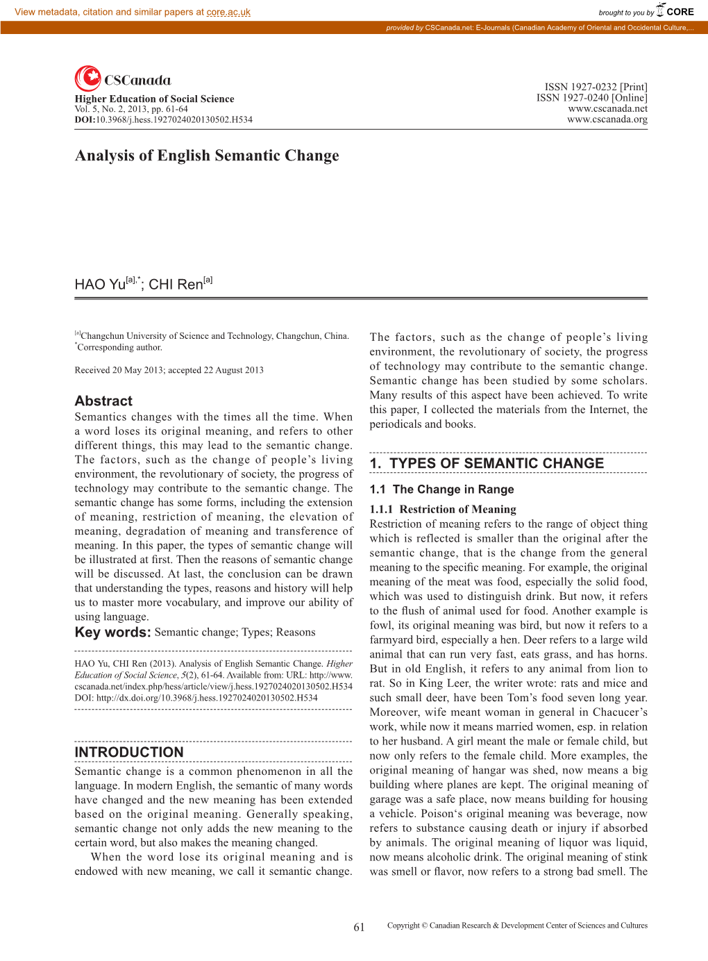 Analysis of English Semantic Change