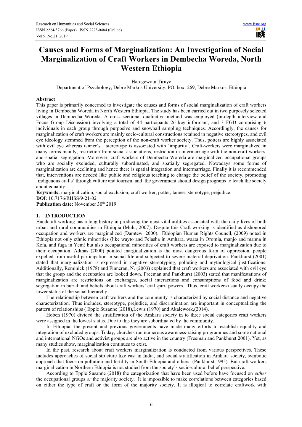 Causes and Forms of Marginalization: an Investigation of Social Marginalization of Craft Workers in Dembecha Woreda, North Western Ethiopia