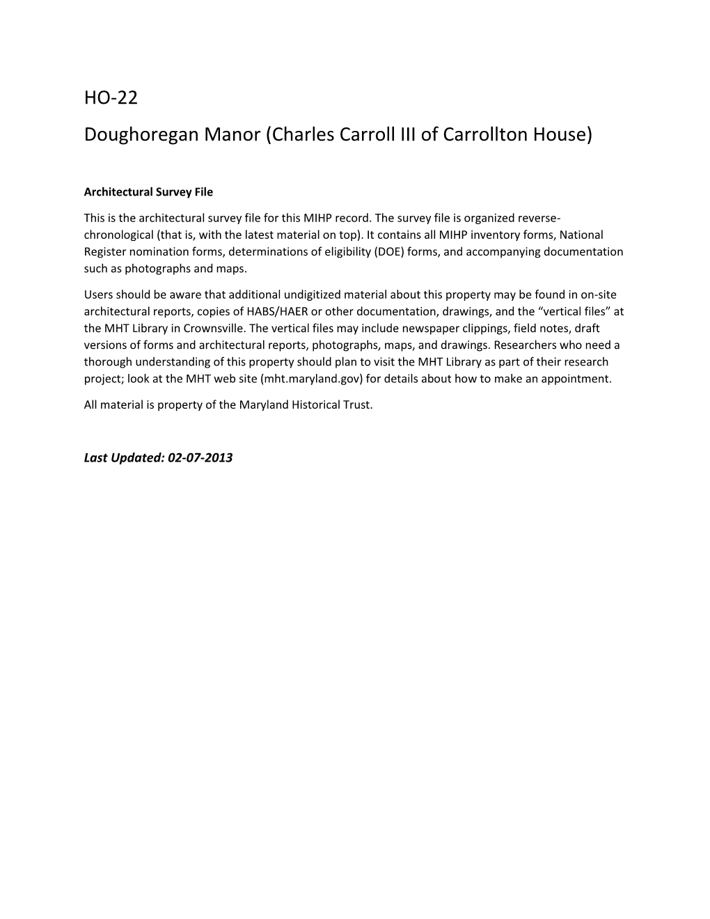 HO-22 Doughoregan Manor (Charles Carroll III of Carrollton House)