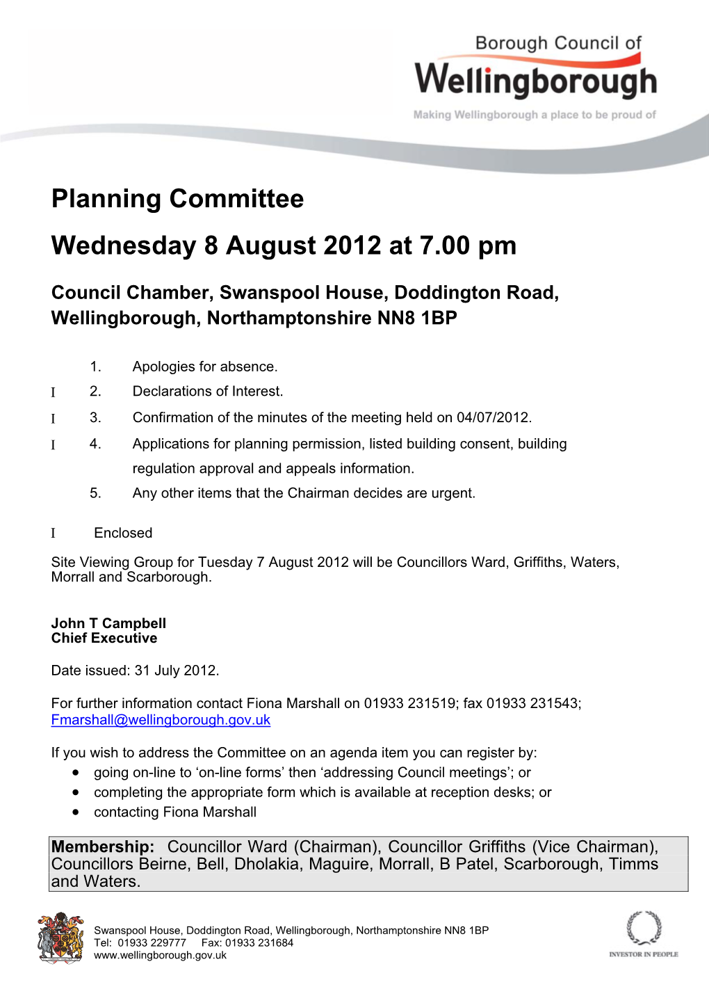 Planning Committee Wednesday 8 August 2012 at 7.00 Pm