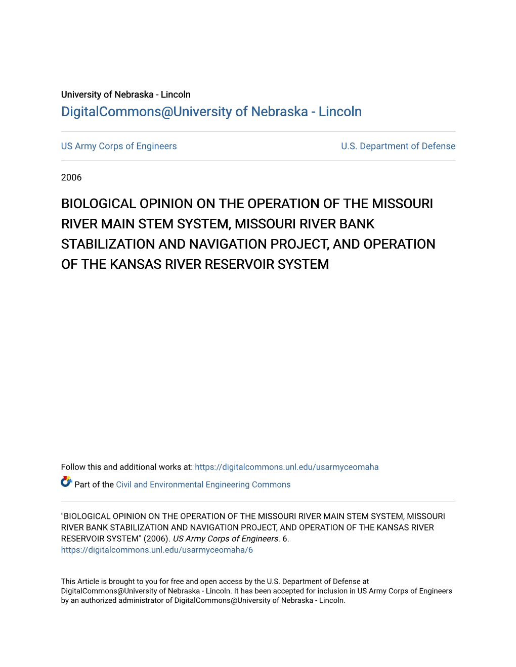 Biological Opinion on the Operation of the Missouri River Main Stem System