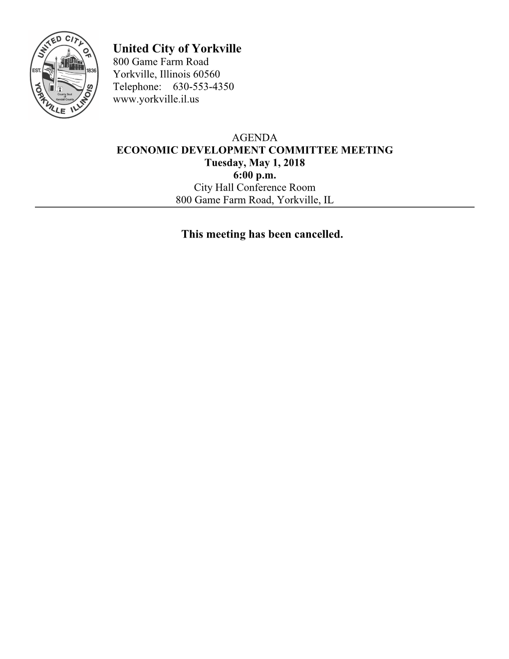 United City of Yorkville 800 Game Farm Road Yorkville, Illinois 60560 Telephone: 630-553-4350