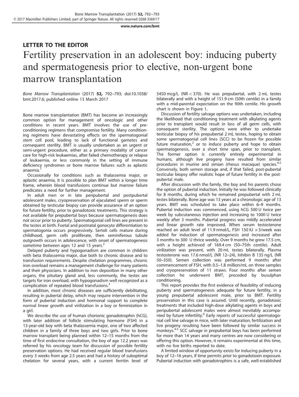 Fertility Preservation in an Adolescent Boy: Inducing Puberty and Spermatogenesis Prior to Elective, Non-Urgent Bone Marrow Transplantation