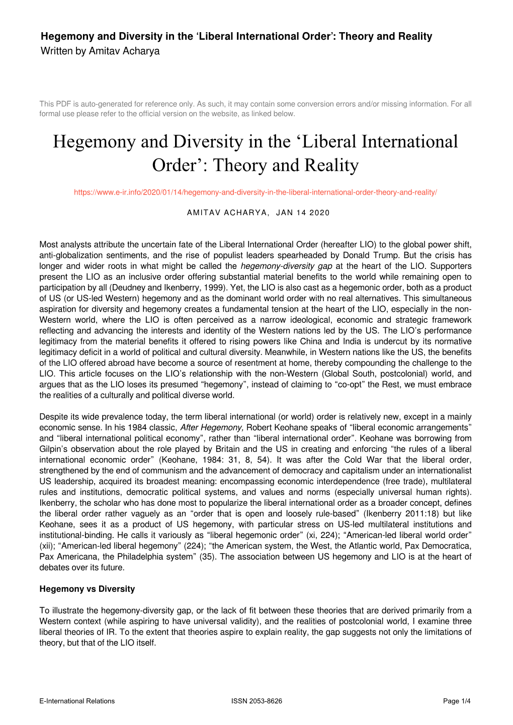 Hegemony and Diversity in the 'Liberal International Order': Theory