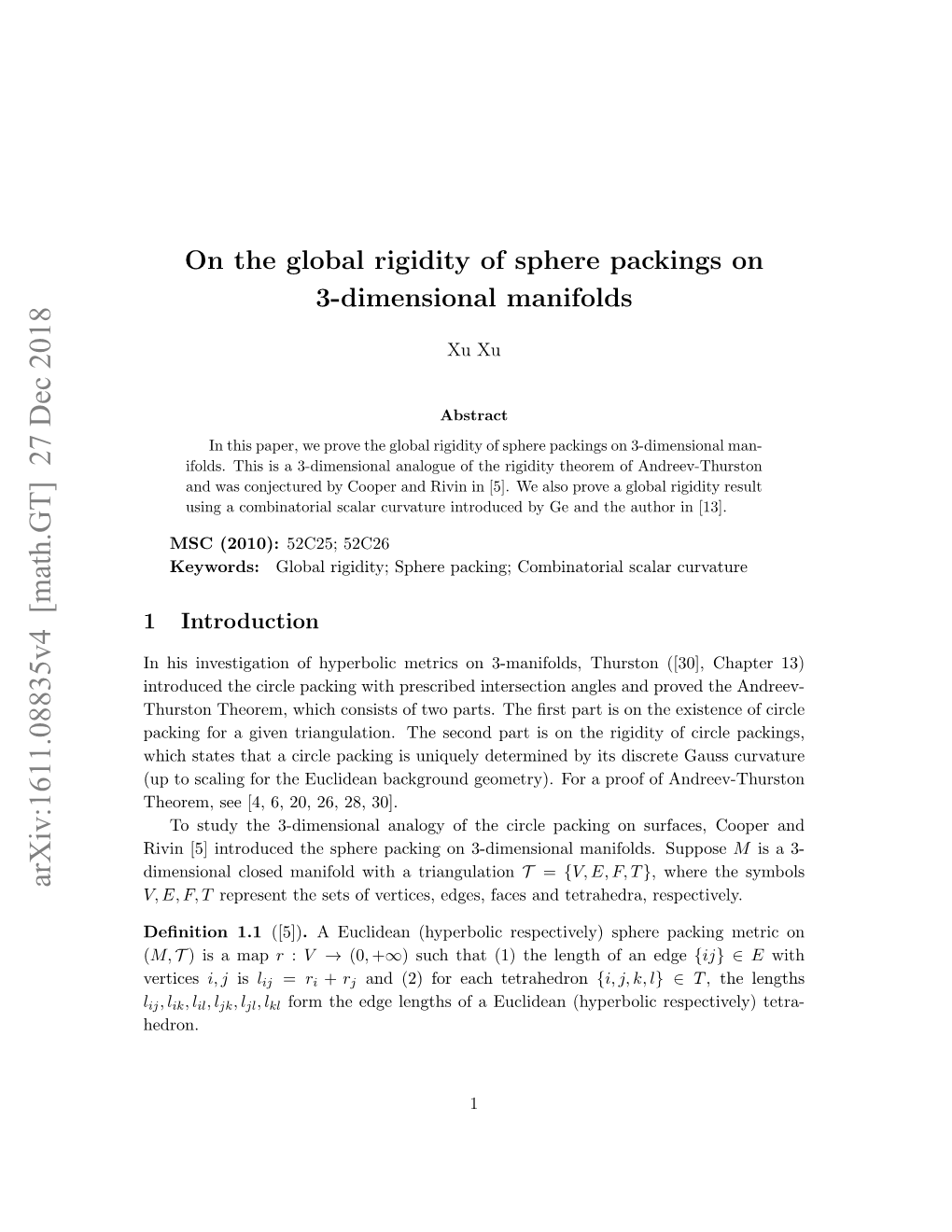 On the Global Rigidity of Sphere Packings on 3-Dimensional Manifolds