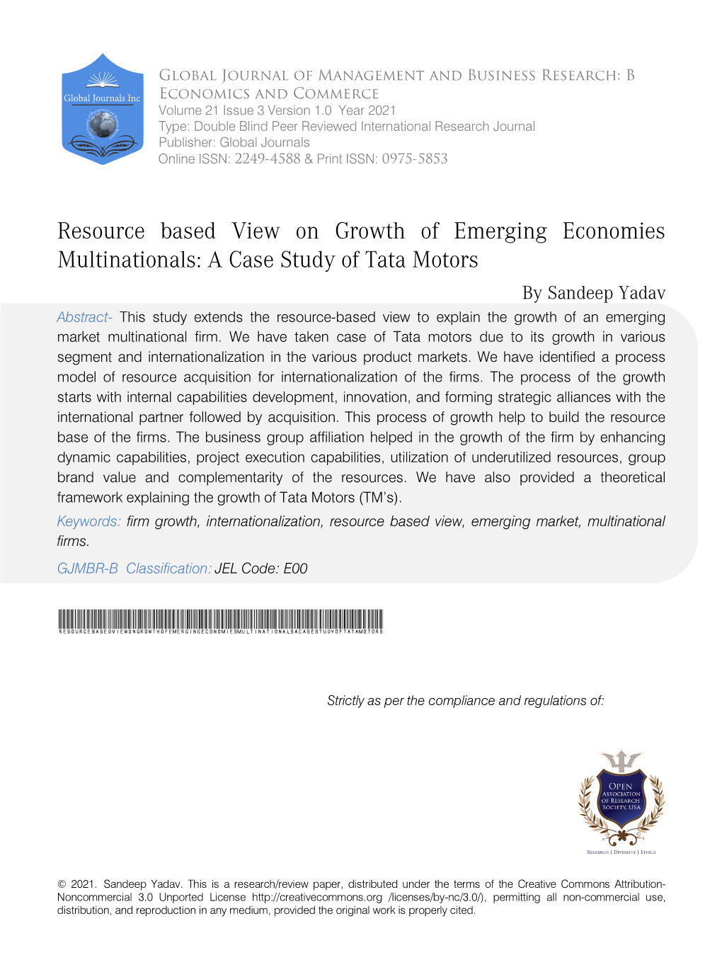 Resource Based View on Growth of Emerging Economies Multinationals