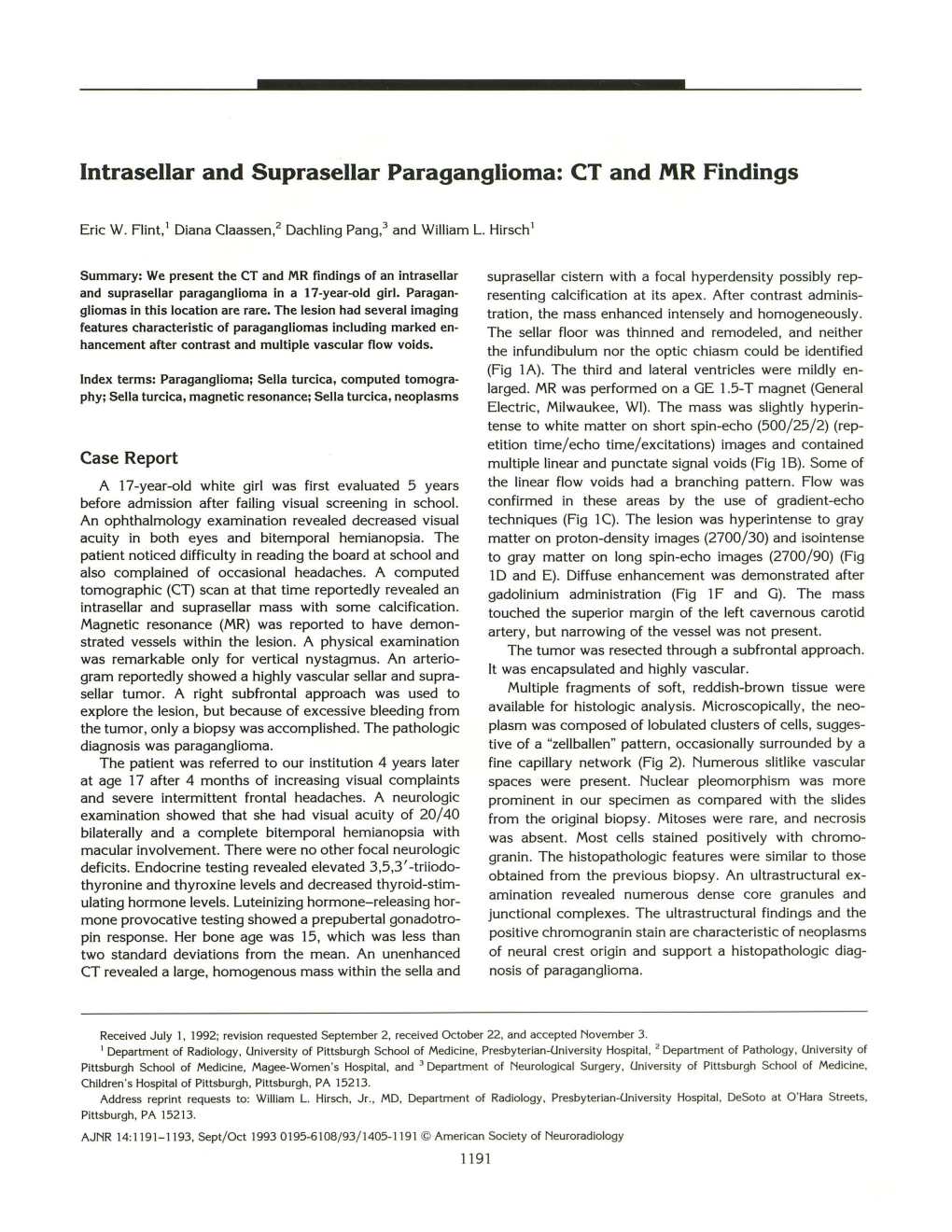 Lntrasellar and Suprasellar Paraganglioma: CT and MR Findings