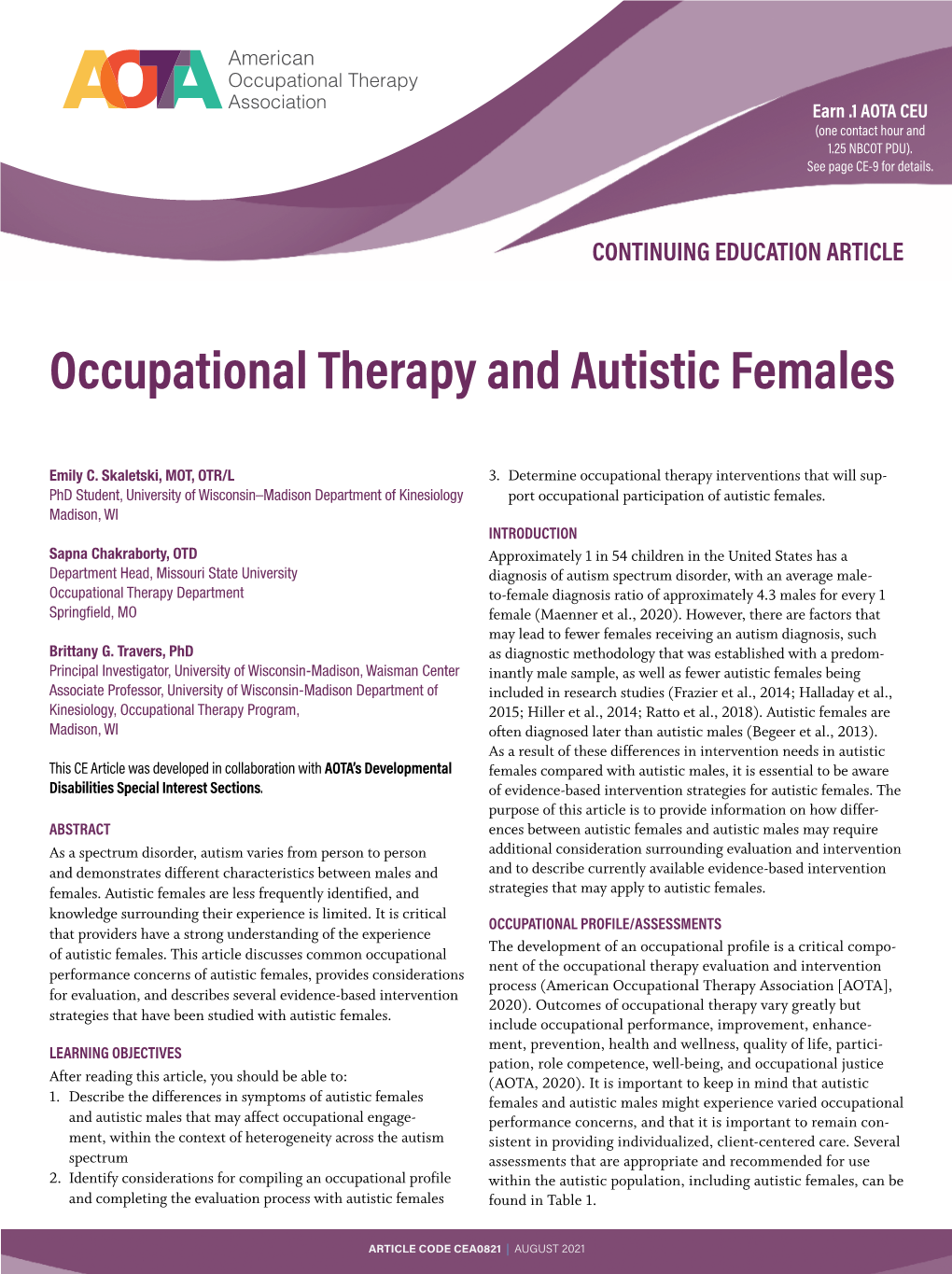 Occupational Therapy and Autistic Females