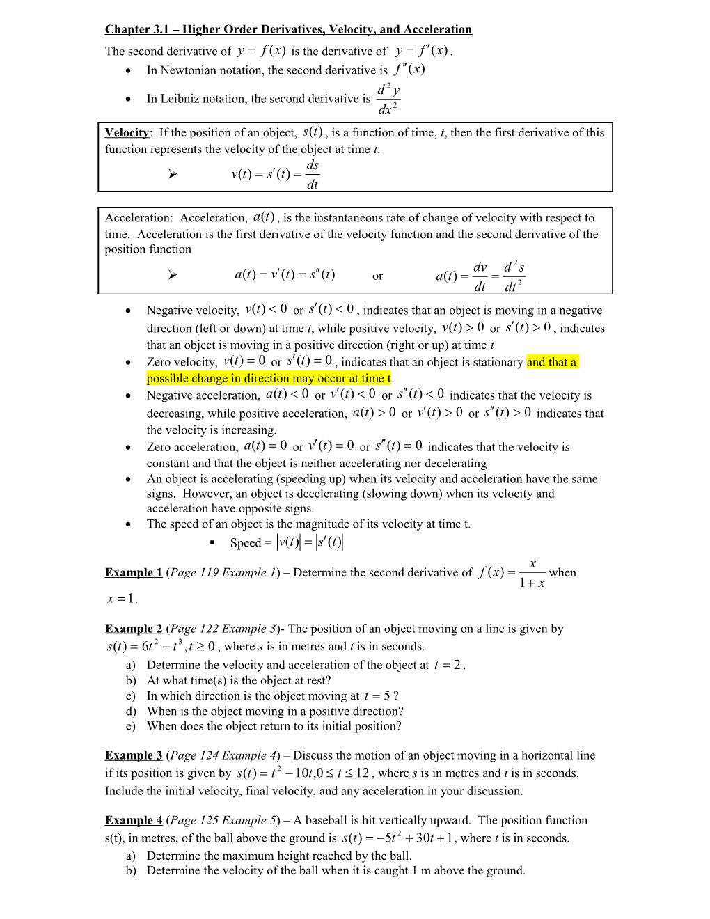 Chapter 3.1 Higher Order Derivatives, Velocity, and Acceleration