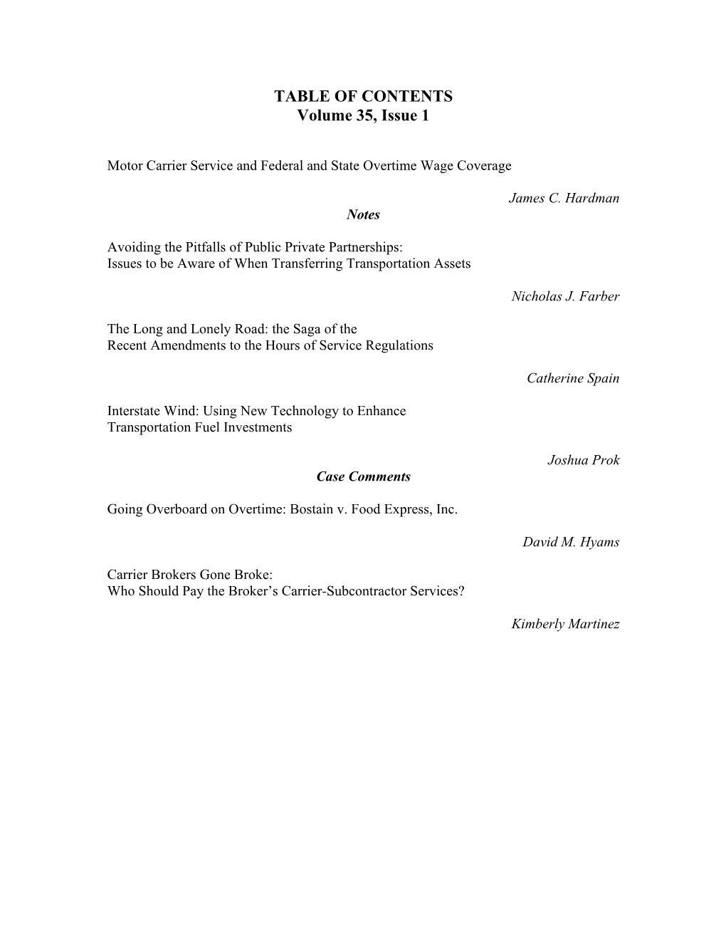 TABLE of CONTENTS Volume 35, Issue 1