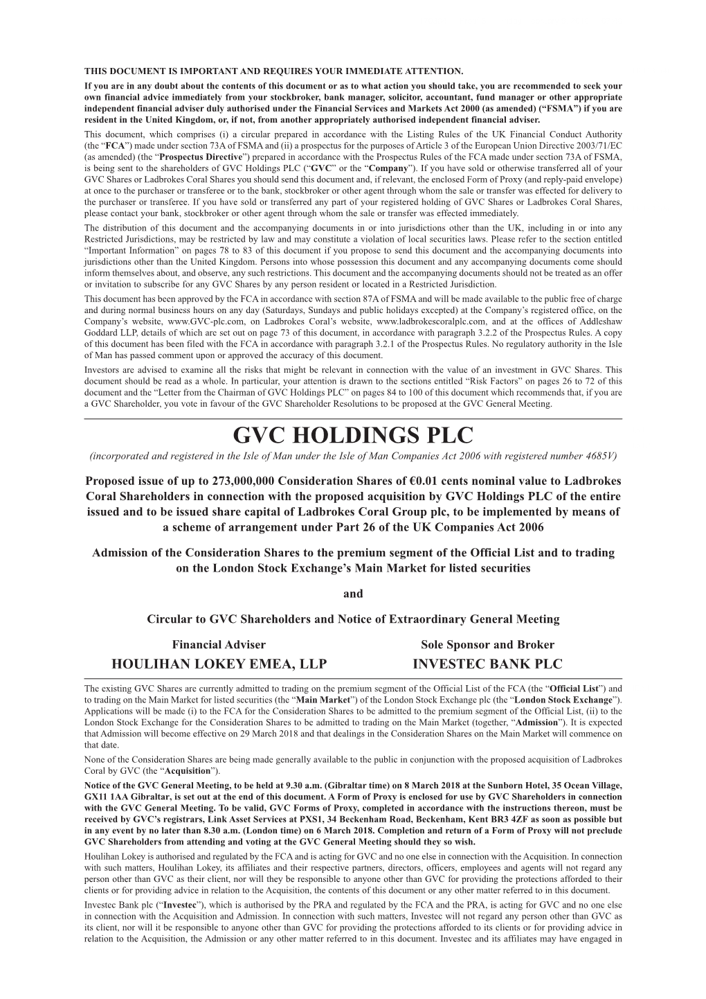 GVC Combined Prospectus and Class 1 Circular Dated 9 February 2018