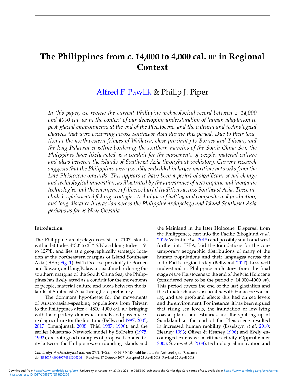 The Philippines from C. 14,000 to 4,000 Cal. BP in Regional Context