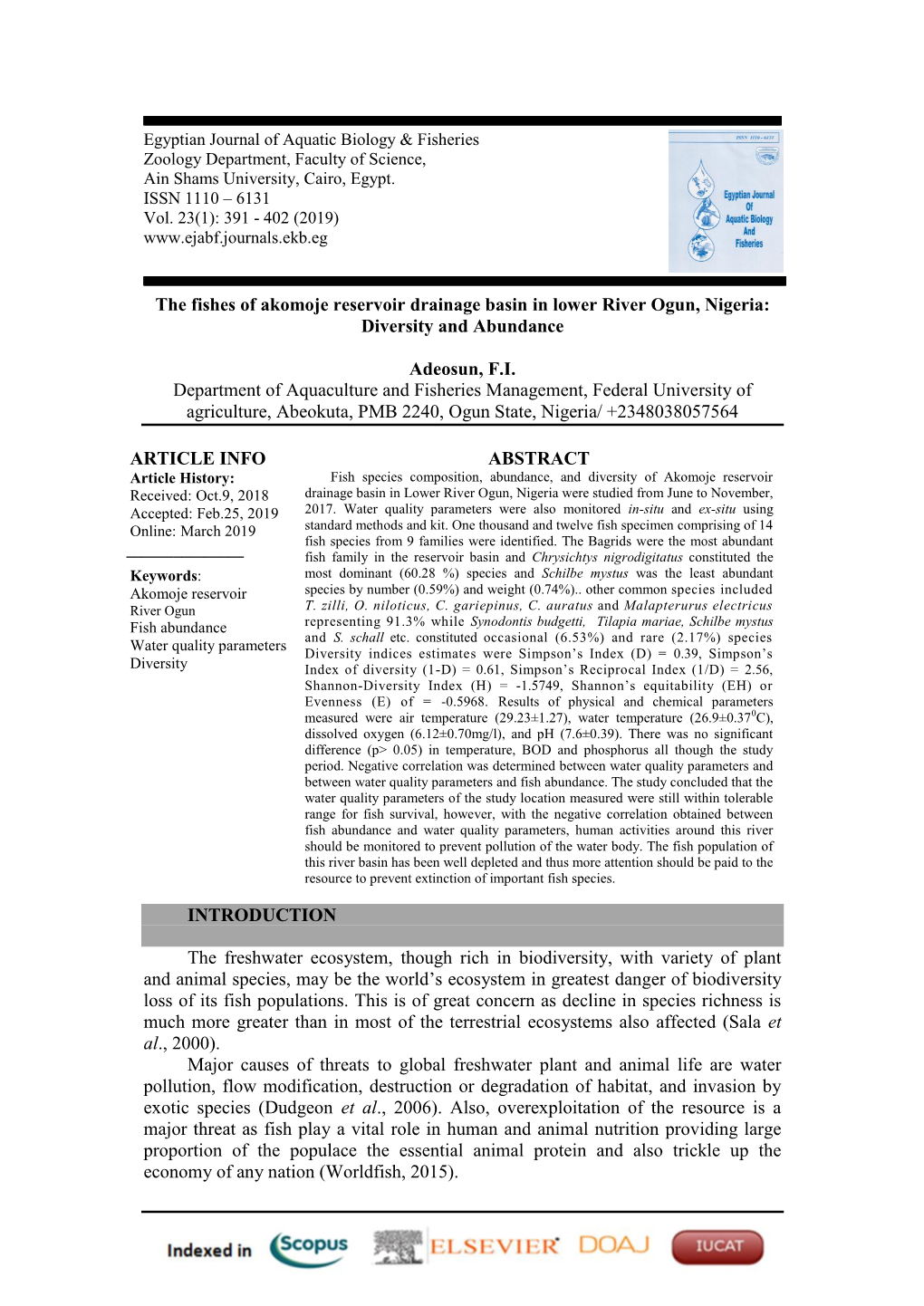 The Fishes of Akomoje Reservoir Drainage Basin in Lower River Ogun, Nigeria: Diversity and Abundance