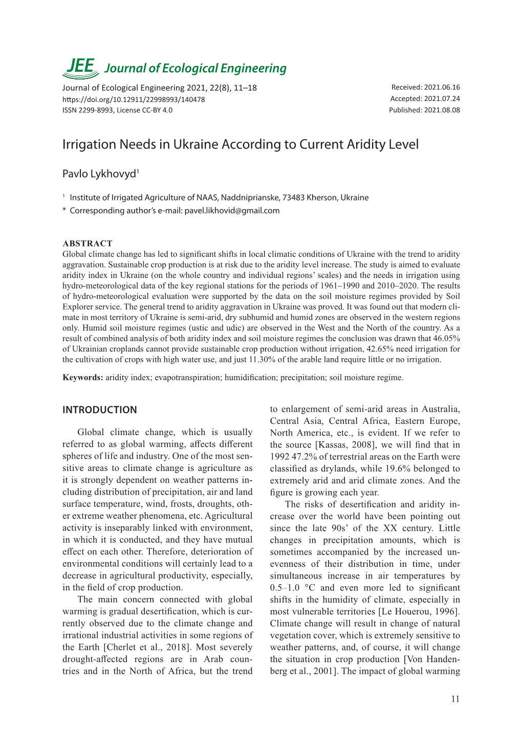 Irrigation Needs in Ukraine According to Current Aridity Level