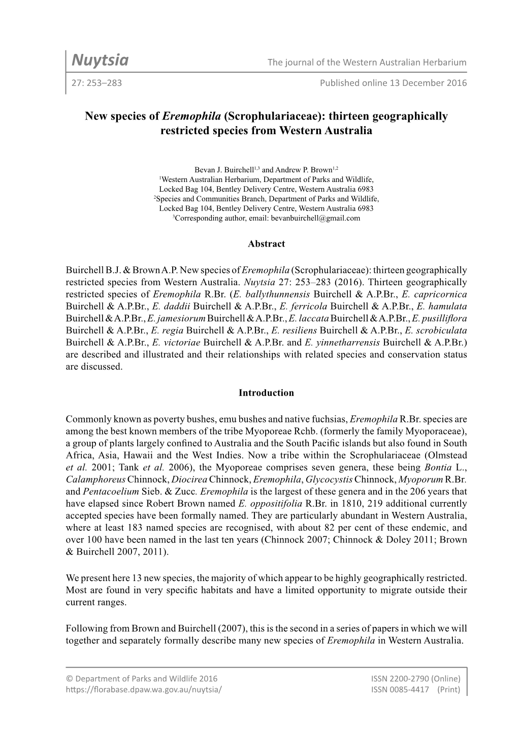 Nuytsia the Journal of the Western Australian Herbarium 27: 253–283 Published Online 13 December 2016