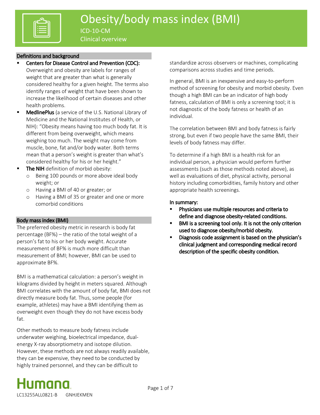 Obesity/Body Mass Index (BMI) ICD-10-CM Clinical Overview