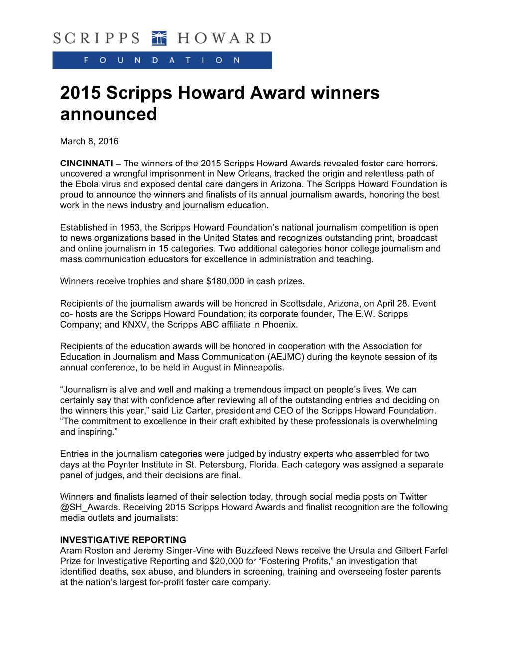 2015 Scripps Howard Award Winners Announced