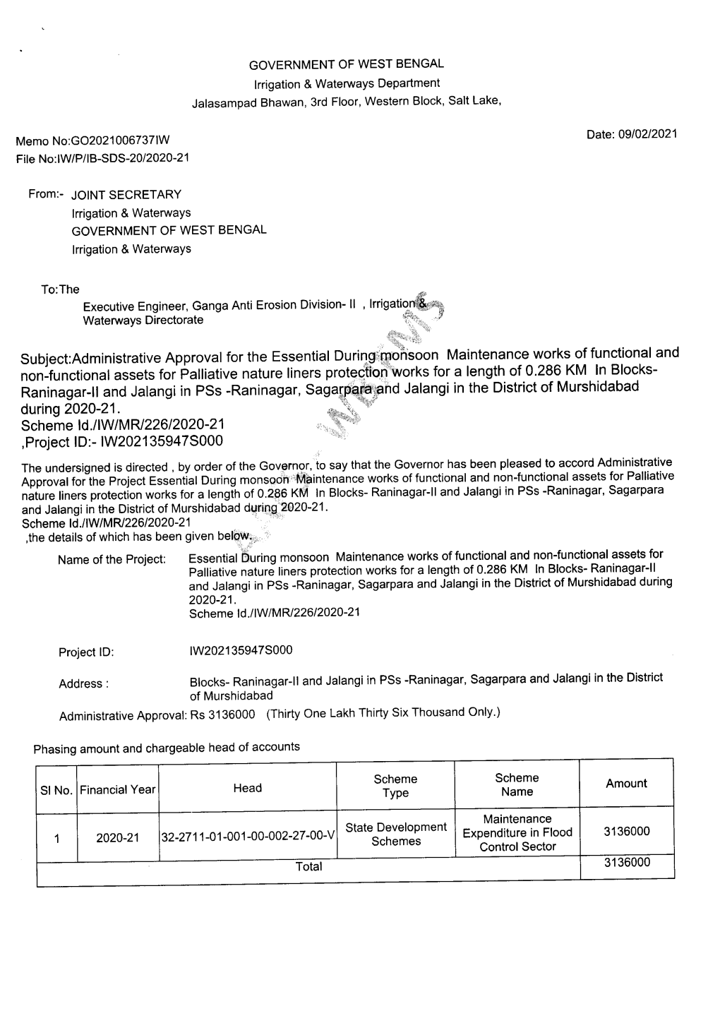 Scheme Id.Liw1mrl226/2020-21 ,Project ID:-IW202135947S000