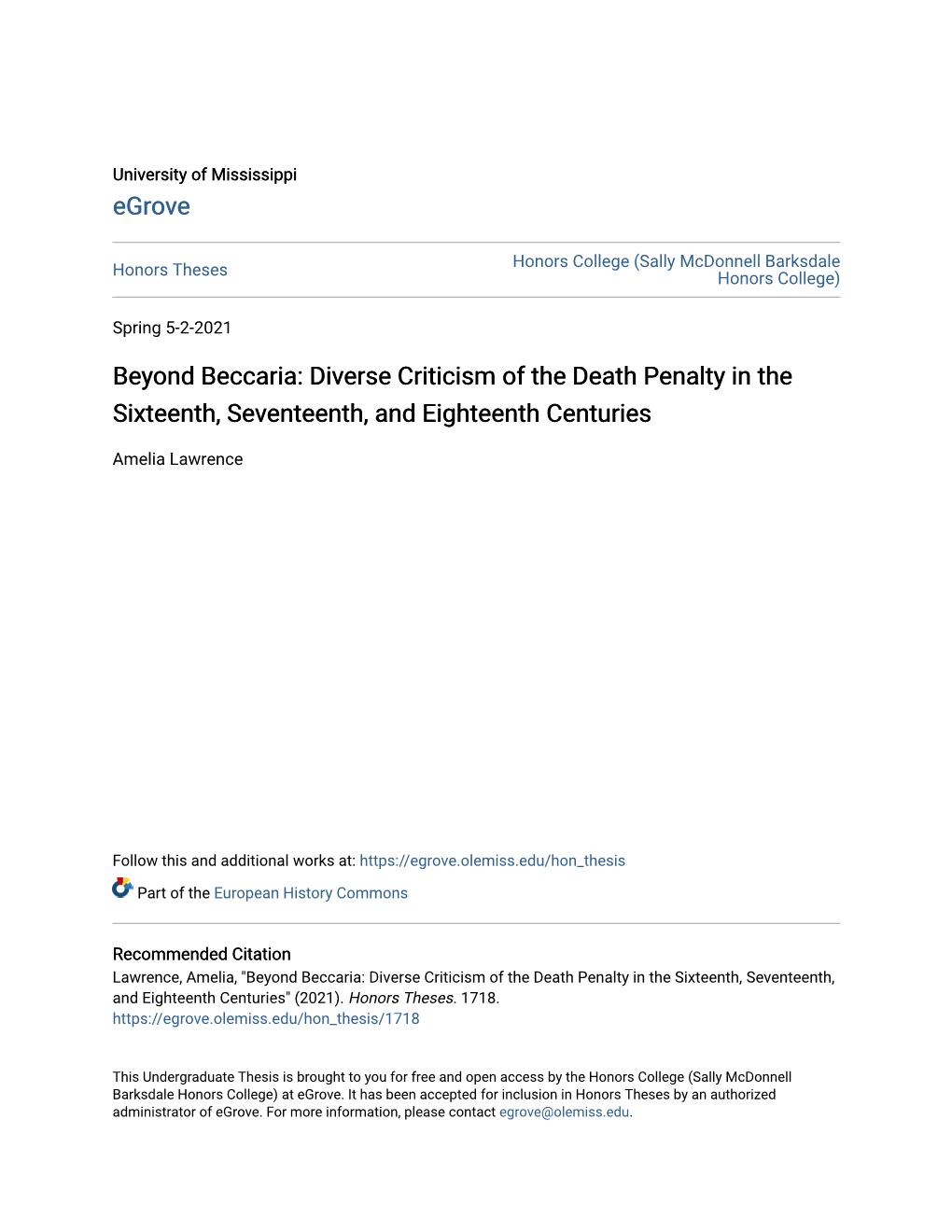 Beyond Beccaria: Diverse Criticism of the Death Penalty in the Sixteenth, Seventeenth, and Eighteenth Centuries