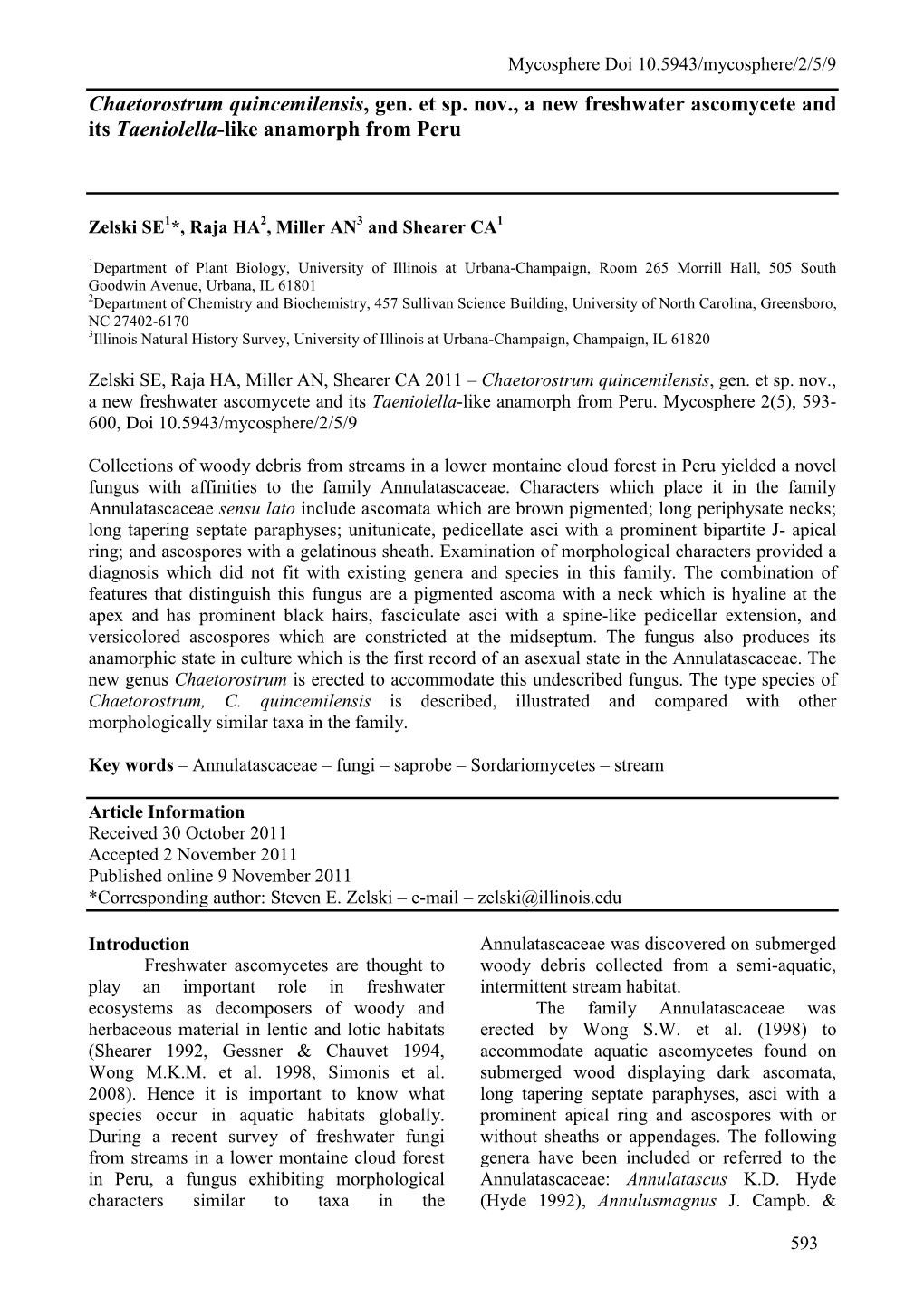 Chaetorostrum Quincemilensis, Gen. Et Sp. Nov., a New Freshwater Ascomycete and Its Taeniolella-Like Anamorph from Peru