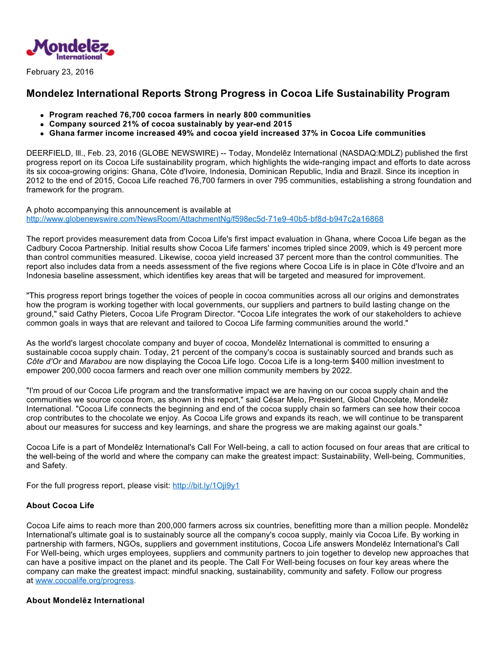 Mondelez International Reports Strong Progress in Cocoa Life Sustainability Program