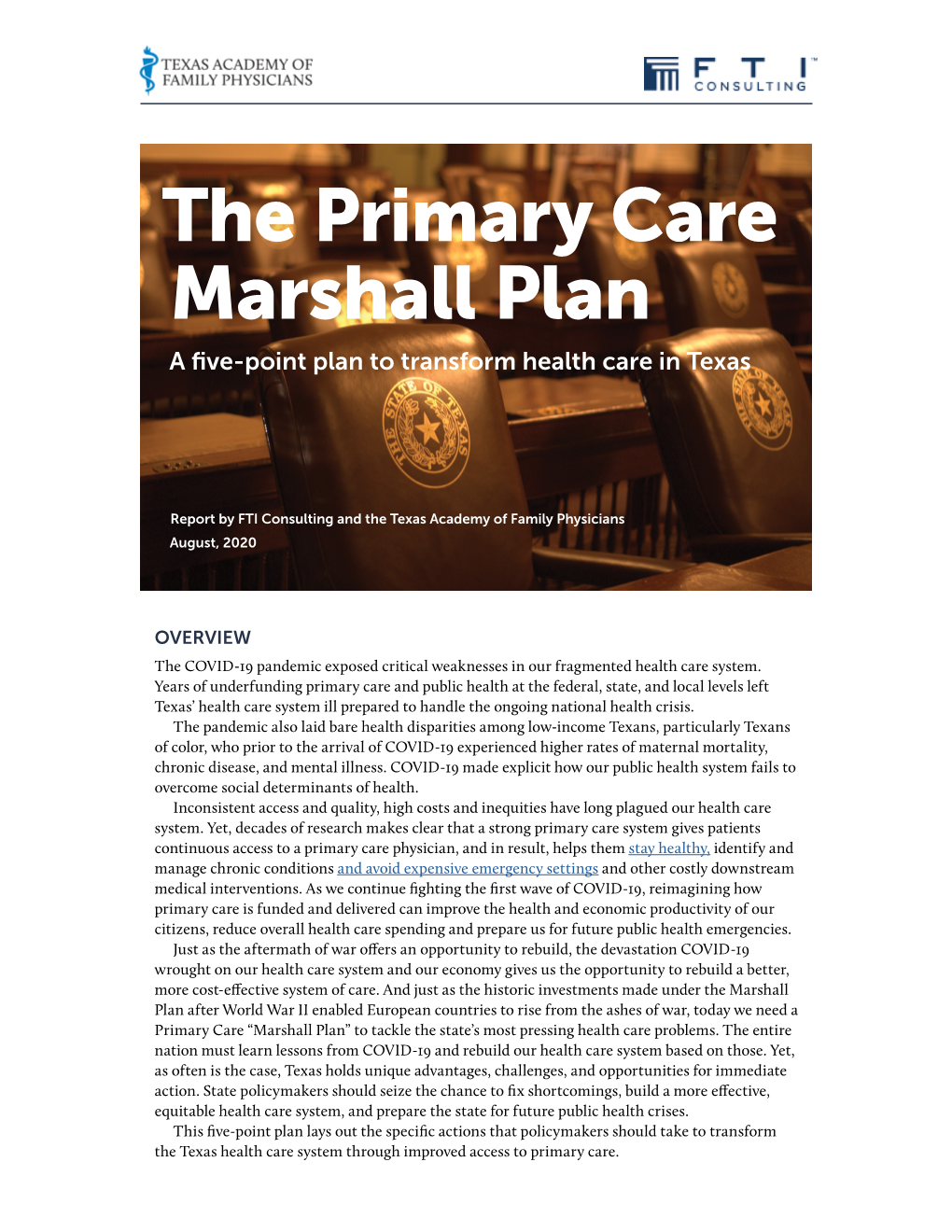 The Primary Care Marshall Plan a Five-Point Plan to Transform Health Care in Texas