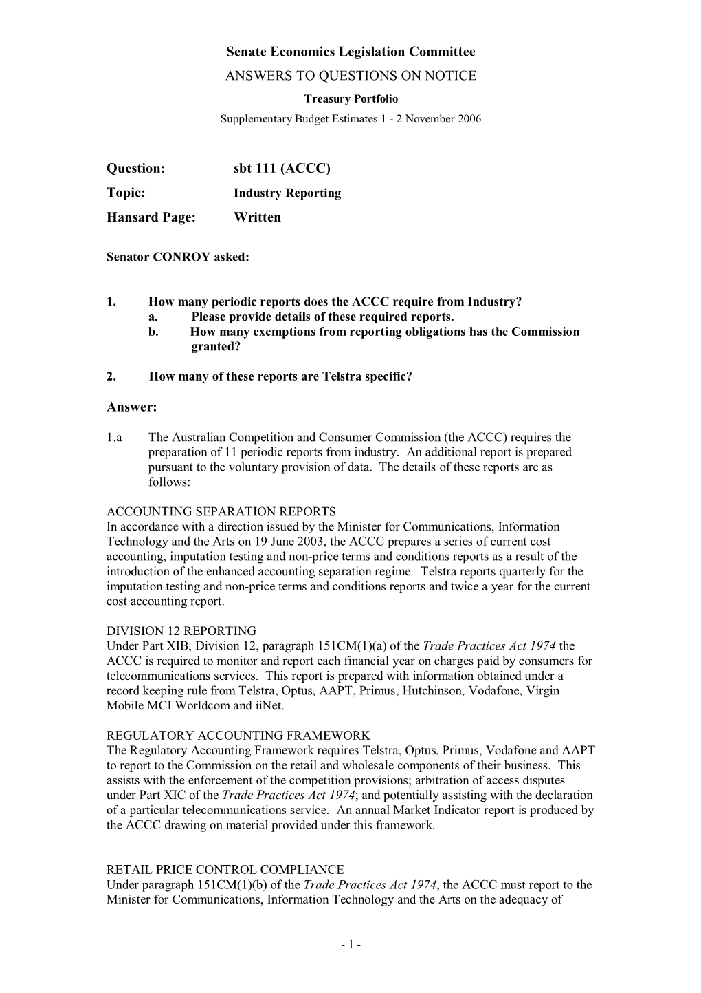 ANSWERS to QUESTIONS on NOTICE Treasury Portfolio Supplementary Budget Estimates 1 - 2 November 2006