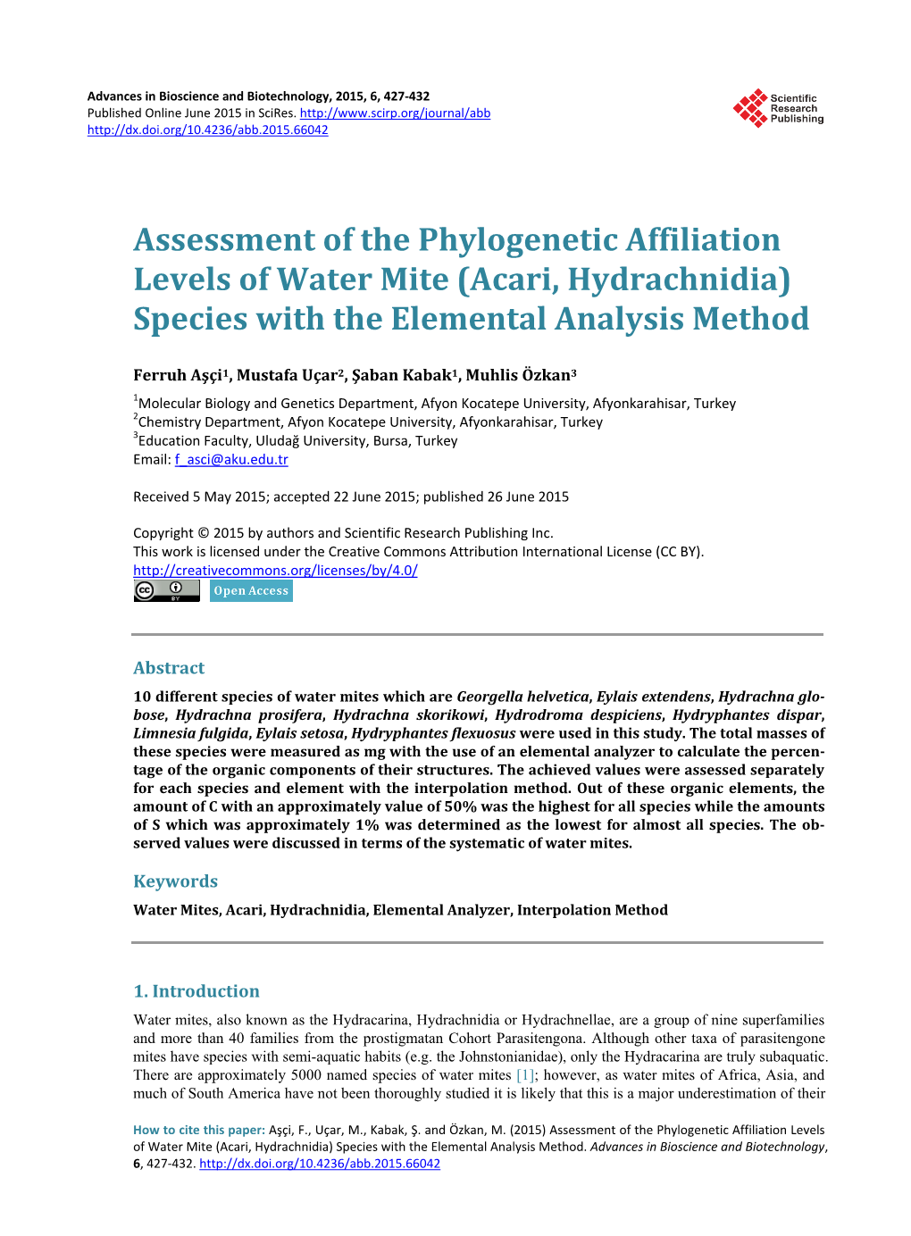 Acari, Hydrachnidia) Species with the Elemental Analysis Method