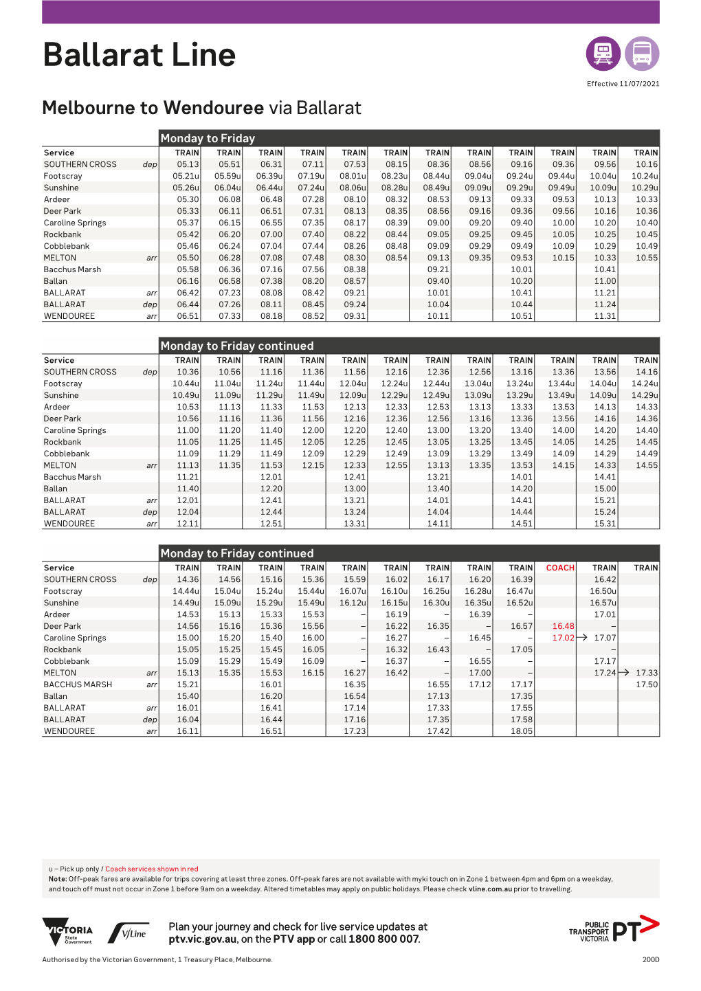Ballarat Line AD Effective 11/07/2021 Melbourne to Wendouree Via Ballarat