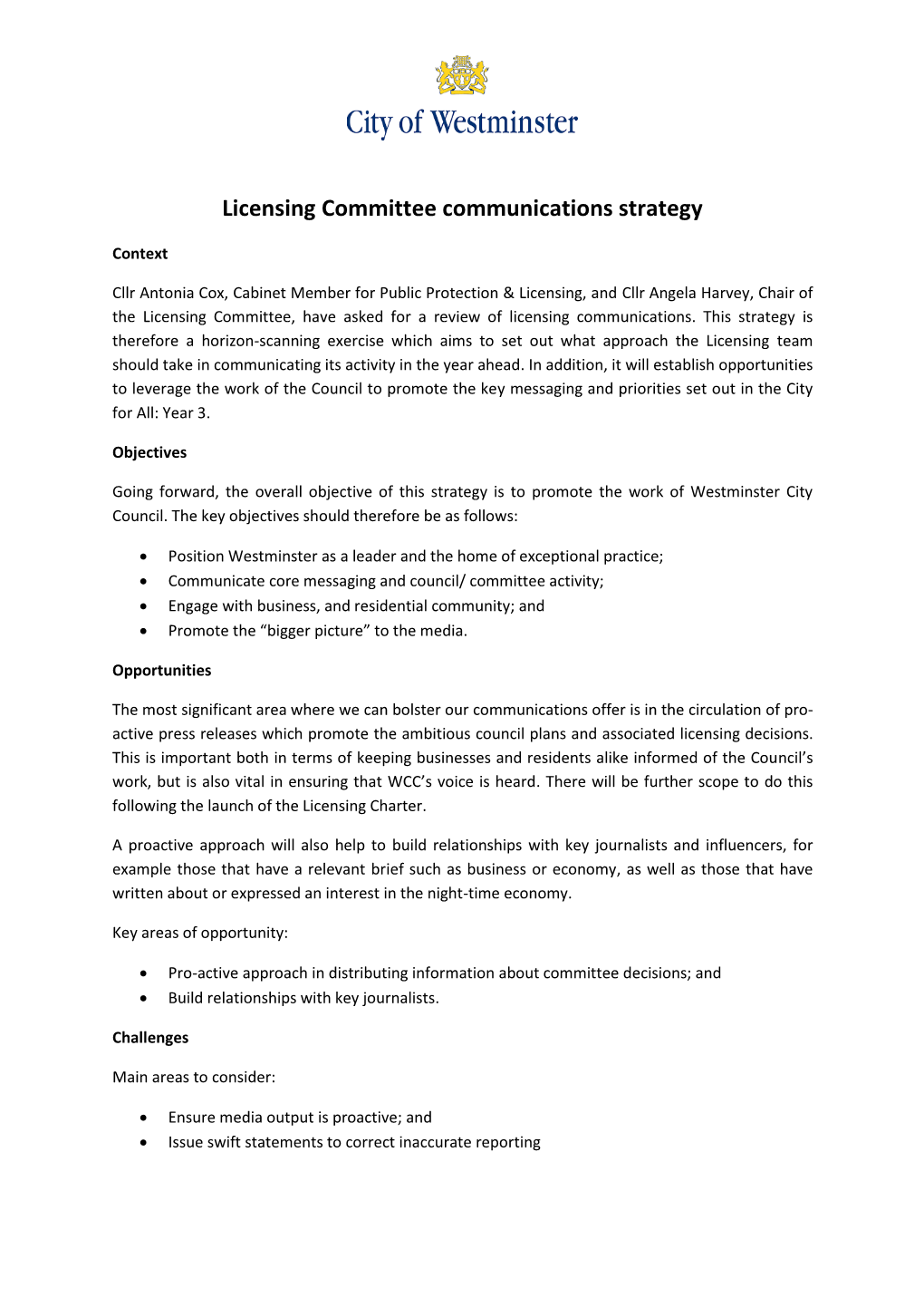 Licensing Committee Communications Strategy