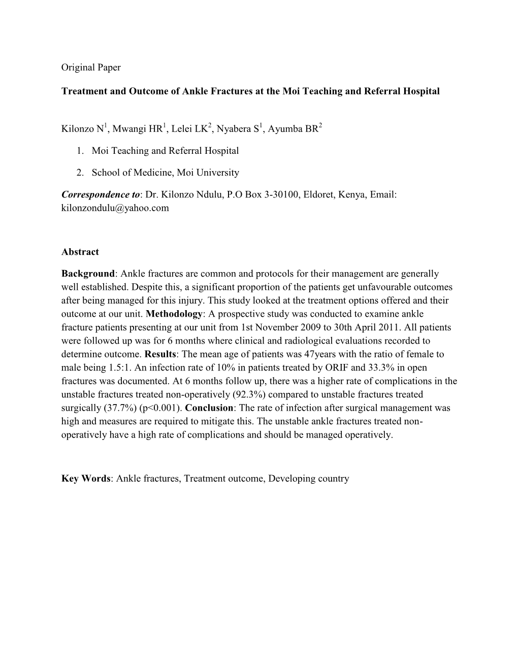 Original Paper Treatment and Outcome of Ankle Fractures at The